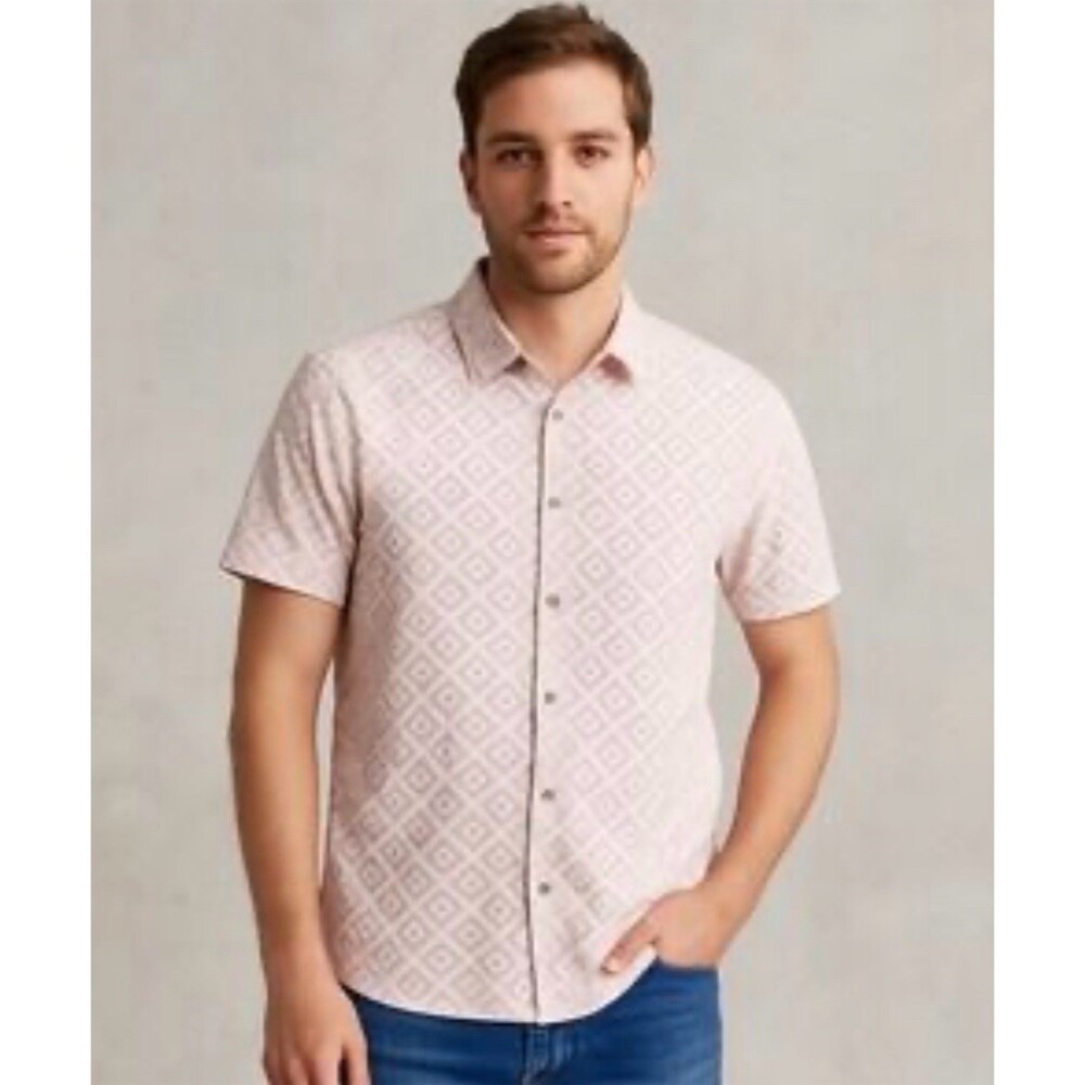 Sold Button-Up Shirt Men's‎ M Pink/White Geometric Print Short Sleeve